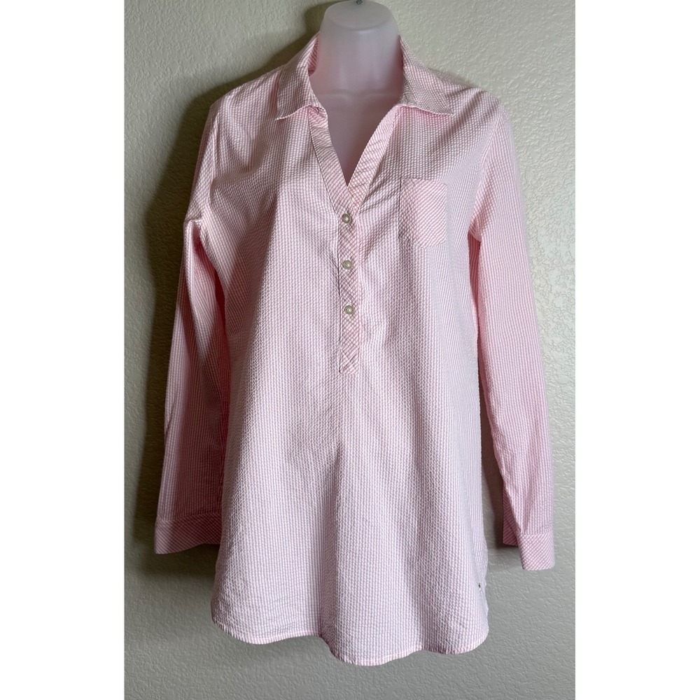 Southern Tide Women M Tunic Top Pink Seersucker Striped Long Sleeve Button Front